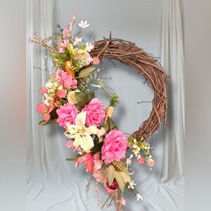 Spring Floral Grapevine Wreath Pink Rose Hydrangea Lily Garden Door Decor 24”